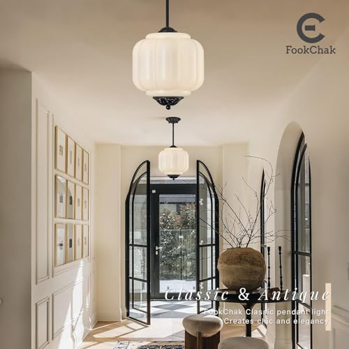 Vintage Black Pendant Lights Milky Glass Semi Flush Ceiling Light Fixture