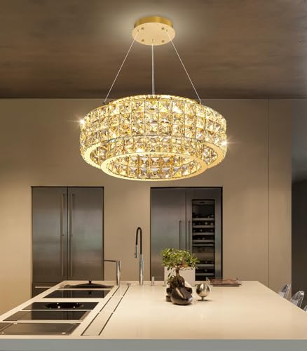 LED Chandeliers for Dining Room LED Dimmable Pendant Lights for Kitchen Island Crystal Adjustable Chandelier for Bedroom Hallway Entrance 16" Gold Light