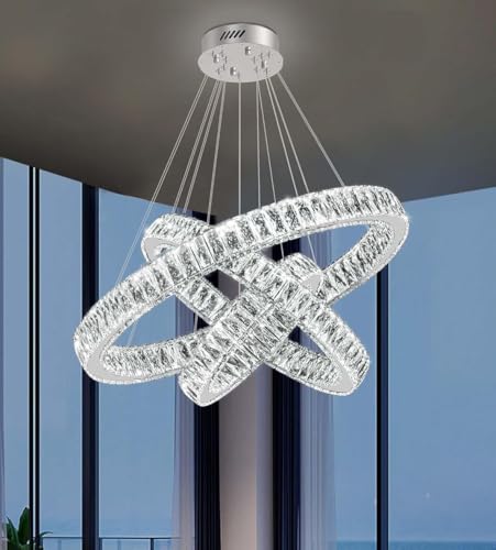 3 Rings Crystal Chandeliers 32"+24"+16" Crystal Ceiling Light Fixture Pendant Lighting Hanging Lamp for Living Room LED Dimmable 3000