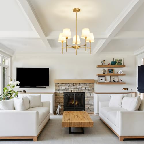 RUIYEY Dining Room Chandeliers Light - 5-Light Gold Modern Chandeliers Light Fixtures with White Fabric Shade, Height Adjustable Pendant Island Light for Entryway Farmhouse