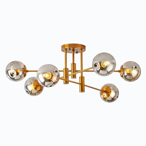 6 Lights Gold Sputnik Ceiling Light Fixture Modern Globe Glass Chandelier