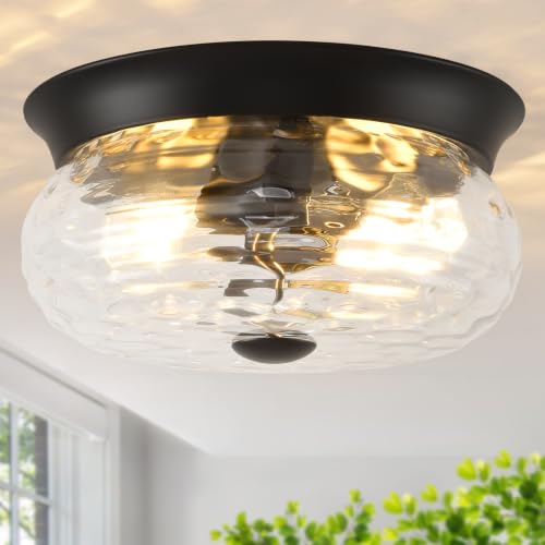 Black Flush Mount Ceiling Light Fixtures (Matte Black-Clear Hammered Glass(No Assembly Required))