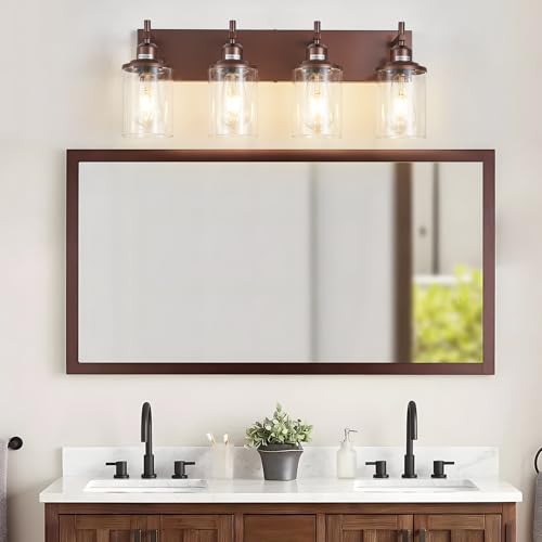 4 Light Bronze Bathroom Light Fixtures Over Mirror