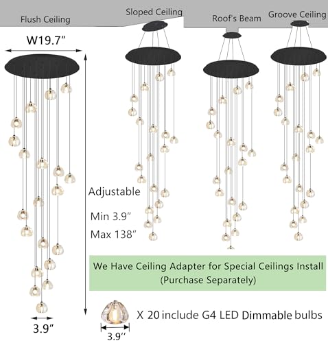 LED Glam Chandelier 138 inches Long Light Luxury Crystal Ceiling Chandeliers Remote Dimmable High Ceiling Pendants Lighting Fixtures Black 20 Lights (20 Count)