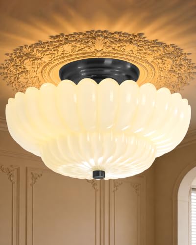 Semi Flush Mount Ceiling Light Fixture 11.8" Vinatge Black Ceiling Lights Mid Century Modern Milk White Glass Close to Ceiling Lighting Fixtures for Bedroom Hallway Foyer Bathroom Kitchen