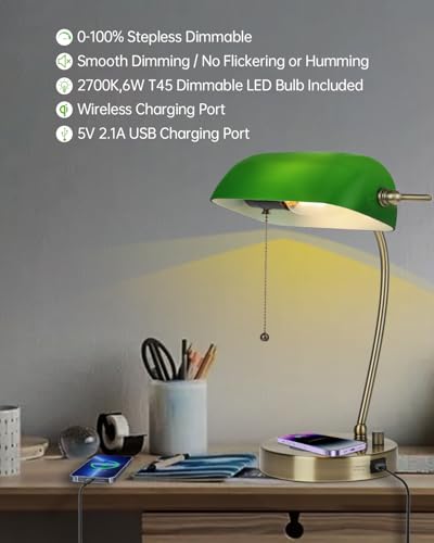 Stepless Dimmable Green Glass Bankers Desk Lamp