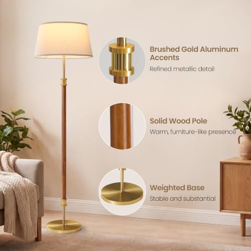 Mid Century Floor Lamp (Natural Oak & Gold)