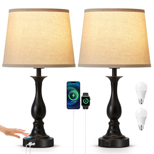 Bedside Table Lamp Touch Control Bedroom Lamps with USB A and C Charging Port 3 Way Dimmable Touch Lamps for Nightstand Living Room Bedroom Dorm Home Office Reading (2 Count)