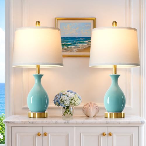 24" Aqua Blue Ceramic Table Lamps Set of 2 (2 Count)