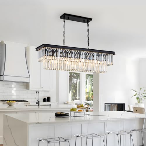 Black Crystal Chandelier for Dining Room Light Fixture Rectangle Modern Farmhouse Chandelier Contemporary Pendant for Kitchen Island Living Room Long Chandelier Rectangular Lighting