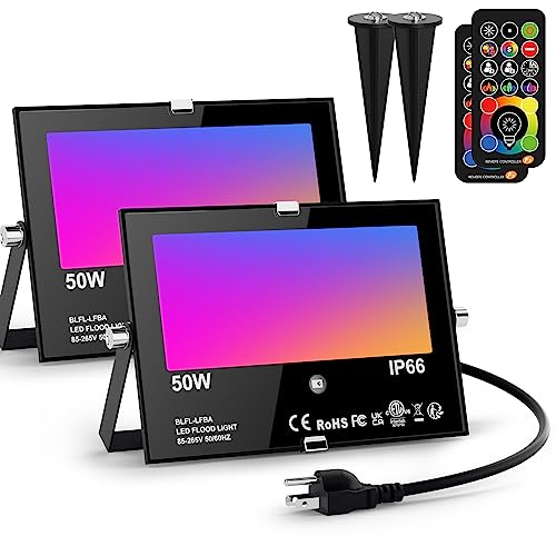 LED Flood Light Outdoor RGB Stage Lights Color Changing 500W Equivalent 2700k Warm White 5000LM (2 Count)