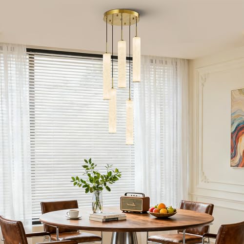 Natural Alabaster Pendant Lights for Kitchen Island White Marble Long Tube Chandelier 4000K Modern Gold Ceiling Light Fixtures for Bedroom Dining Room Table Living Room Hallway