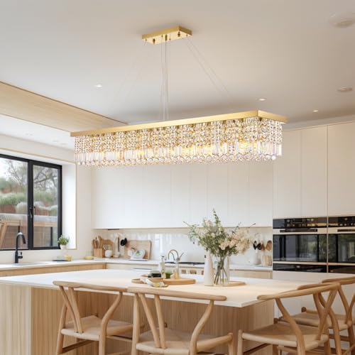 Large Rectangular Gold Crystal Chandelier for Dining Room