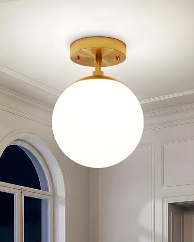 Semi Flush Mount Ceiling Light 8" Globe Mid Century Modern Light Fixture Milk Glass with Gold Brass Finish Light Fixtures for Hallway Entryway Kitchen Island Closet Laundry Bathroom