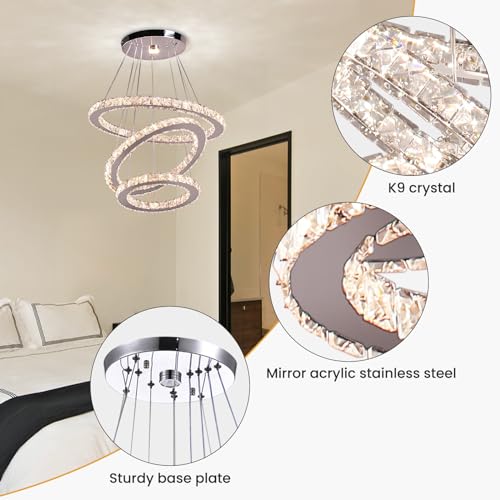 3 Ring Dimmable Crystal Chandelier Ceiling Light