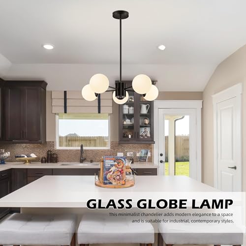 5 Light Globe Sputnik Chandelier Mid Century Sputnik Chandeliers Modern Black Globe Pendant Light Matte Black Finished with White Frosted Glass Lampshade for Dining Room Bedroom Kitchen