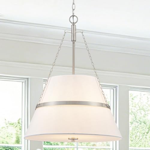 20" Brushed Nickel Drum Chandelier for Dining Room Linen Pendant Light