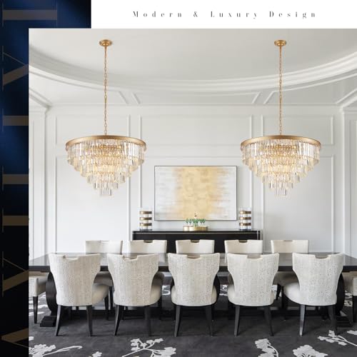 Modern Gold Crystal Chandelier 35”Large Chandeliers for High Ceiling Foyer