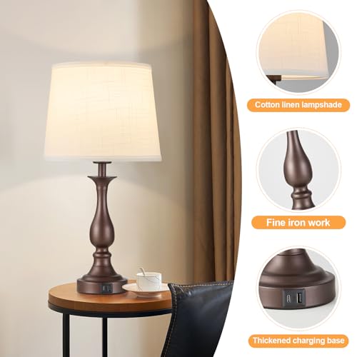 Bedside Table Lamp Touch Control Bedroom Lamps with USB A + C Charging Port 3 Way Dimmable Touch Lamps for Nightstand Living Room Bedroom Dorm Home Office Reading (2 Count)