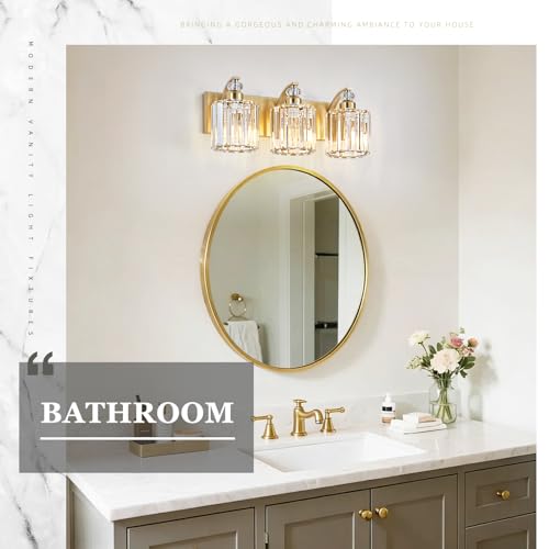 3 Lights Brushed Brass Bathroom Light Fixture Gold Vanity Lights Modern Crystal Bathroom Vanity Lighting Over Mirror Wall Sconce with K9 Crystal Shade E26 Base for Living Room