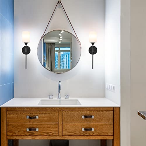 Mid Century Modern Wall Lamp 2 Pack with White Cylinder Glass Shades Matte Black Wall Sconce Bathroom Vanity Lighting Industrial Farmhouse Wall Light Fixtures for Mirror Bedroom Living Room (2 Count)