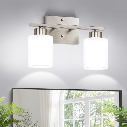 Brushed Nickel Bathroom Light Fixtures with Milk Glass Shades