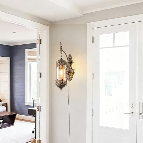Rustic Gothic Plug in Wall Sconce with Amber Glass
