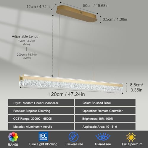 47.24" Linear Chandelier for Dining Room Modern Led Pendant Light Fixtures Dimmable Crystal Island Lights for Kitchen Living Room Office Bar