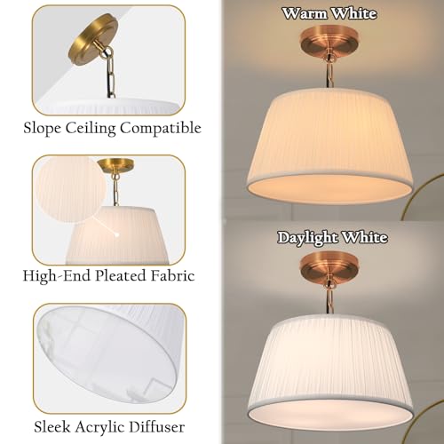 12.6”Dia White Pleated Drum Shade Semi Flush Mount Ceiling Light