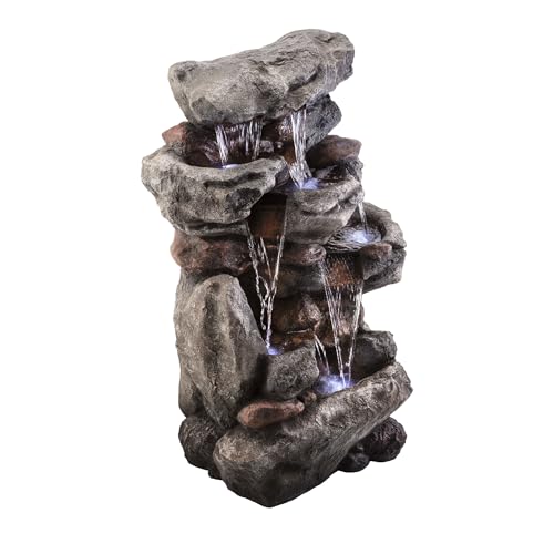 WIN730 Outdoor Floor Tiered Rock Waterfall Fountain with LED Lights and Natural Stone Look