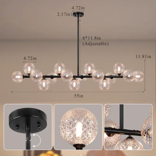 Linear Chandeliers 55'' Sputnik Glass Chandelier for Dining Room 16 Light