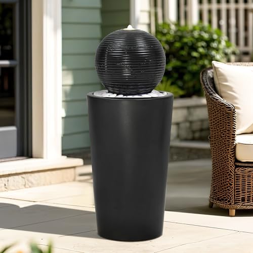 Autodaya 30"H Ceramic Sphere Water Fountain with LED Light for Garden Patio