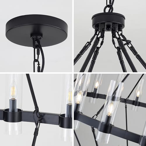 70 Inch Black Wagon Wheel Chandelier 2 Tier with Glass Shade