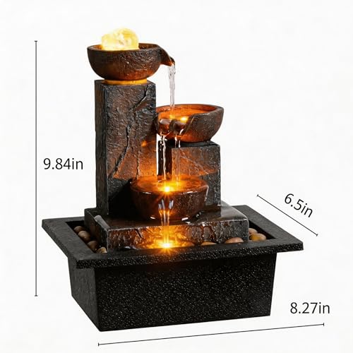 Three Bowls with Rotating Ball Flowing Tabletop Fountain Home Décor Indoor Decor Waterfall Sound Zen Mini Fountain Warm Led Light Pebbles Stone
