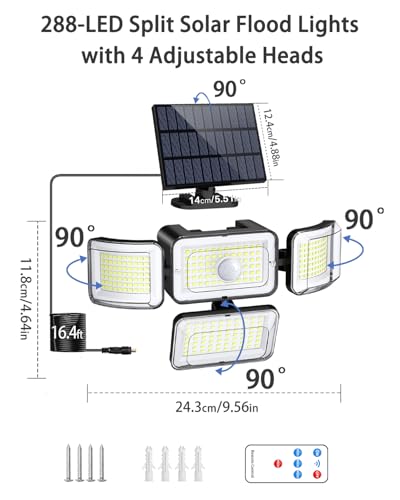 Solar Outdoor Lights Motion Sensor 3500LM 288 LED Solar Security Lights with Remote Control IP67 Waterproof 4 Heads Solar Flood Lights with 16.4ft Cable 4 Modes Wall Lights (2 Count)