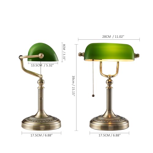Green Glass Bankers Desk Lamp with Pull Chain Switch Plug in Fixture