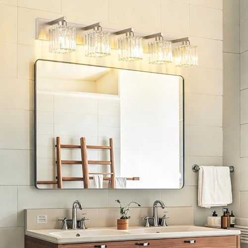 Brushed Nickel Bathroom Lighting Fixtures 5 Light Vanity Light Crystal Modern Bathroom Vanity Light
