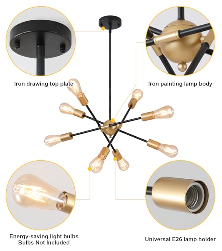 8 Lights Dining Room Light Fixtures Modern Sputnik Chandelier Black and Gold Mid Century Pendant Light for Kitchen Island Entryway Foyer Living Room UL Listed