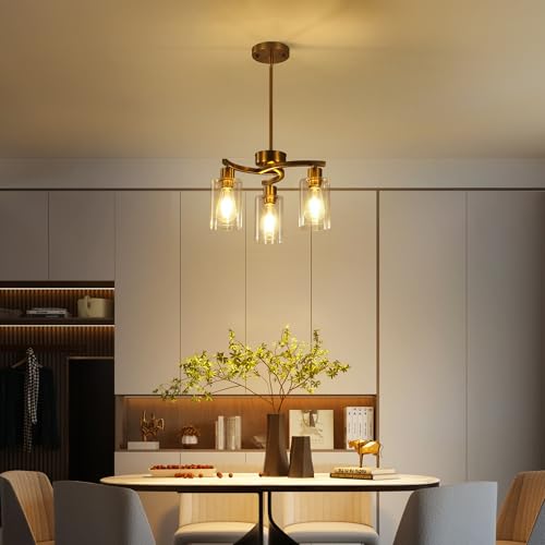3 Light Gold Dining Room Chandeliers Over Table