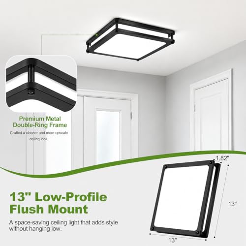 13 Inch 36W Square LED Flush Mount Ceiling Lights (Black / 2 Packs)