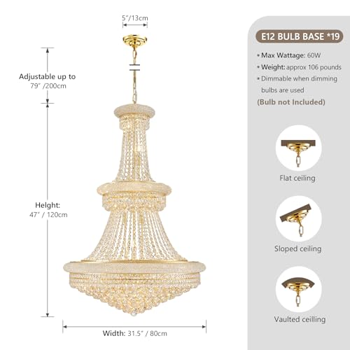 19 Lights Gold Large Crystal Chandelier Light Fixture