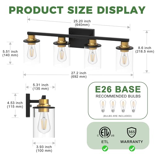 4 Light Black and Gold Bathroom Light Fixture with 4 Bulbs