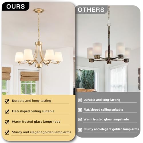6 Light Modern Gold Chandeliers for Dining Room 47.2'' Adjustable Height Farmhouse Pendant Light with Frosted Glass Shades