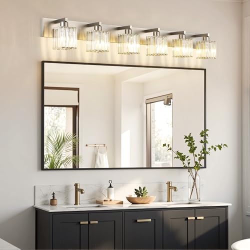 Brushed Nickel Bathroom Light Fixtures 6 Light Vanity Lighting Fixture Crystal Modern Bathroom Vanity Light