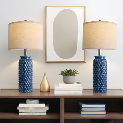 24 inches Modern Ceramic Dark Blue Bedside Lamp Set of 2 for Bedroom Decor Farmhouse Table Lamp for Living Room Office Dorm (2 Count)