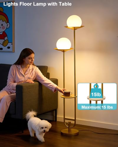 63IN Gold Floor Lamp 2 Globe Mid Century Standing Lamps Dimmable with 3000K Warm White LED Bulbs Unique Vintage Tall Floor Lamp for Living Room