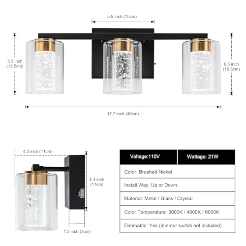 3 Light Black and Gold Vanity Light with 3 Color Modes