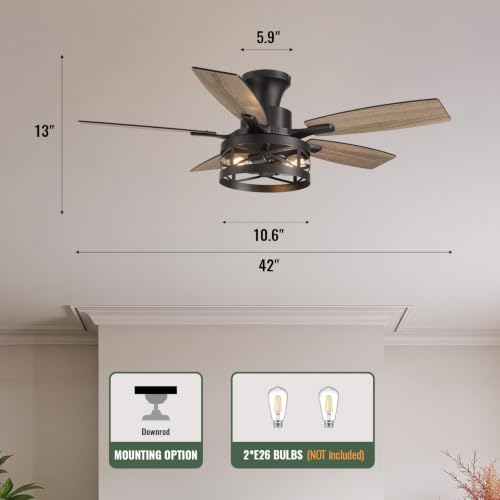 42 Inch Flush Mount Ceiling Fans with Lights and Remote (Black - Flush Mount / 42 Inch)