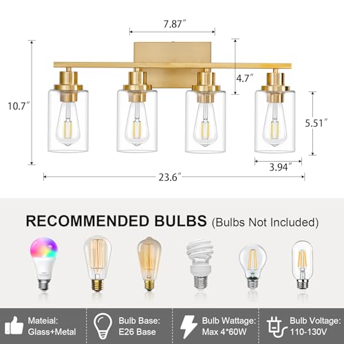 4 Light Gold Bathroom Light Fixtures Brushed Brass Vanity Light Over Mirror Modern Farmhouse Wall Lighting Sconces Wall Lamp for Bathroom