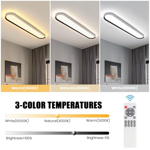 Modern LED Ceiling Light Dimmable Linear Ceiling Light 39.4in Semi Flush Mount Long Lights with Remote Control and Side Lighting for Living Room Kitchen Dining Room